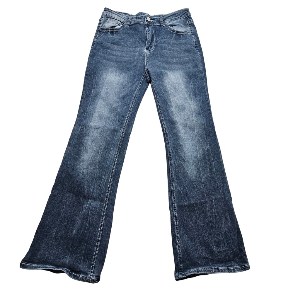 Womens Dark Wash Flare Jeans Wing Arrow Embroidered Back Pocket Size L Stretch